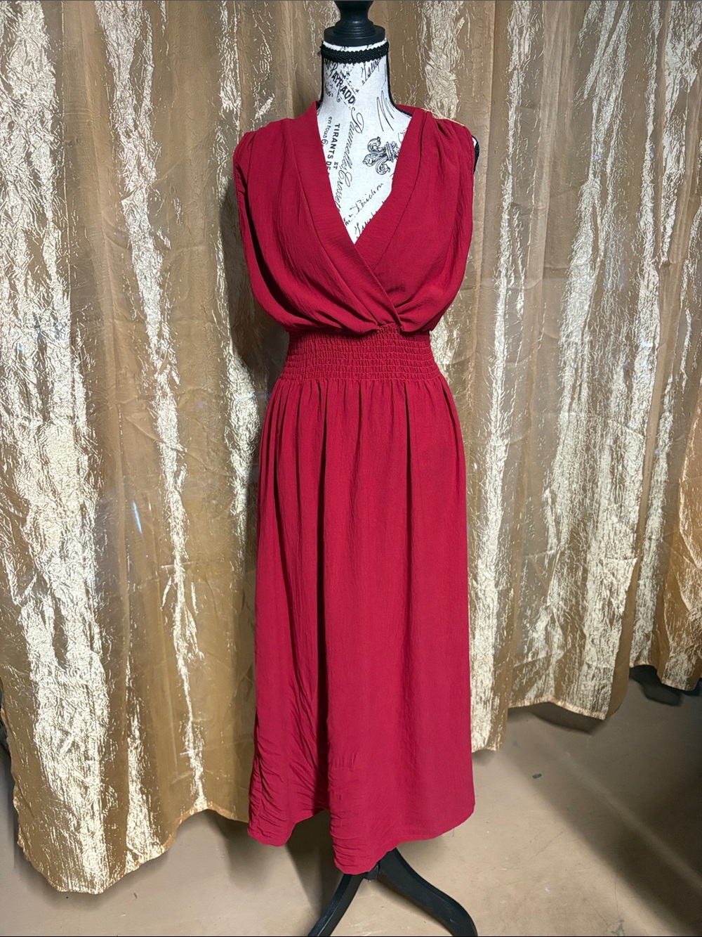 Smocked-Waist V-Neck Maxi Dress in Deep Red